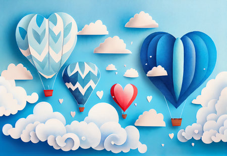 Colorful hot air balloons flying in the sky. Paper art style.の素材