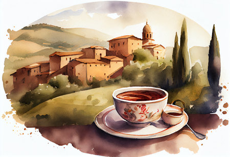 A cup of coffee in Tuscany, Italy. Watercolor paintingの素材