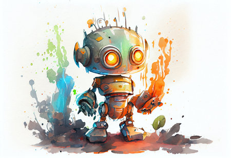 illustration of a cute robot with watercolor splashes on a white backgroundの素材