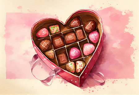 Hand drawn watercolor illustration of heart shaped box with chocolate candiesの素材