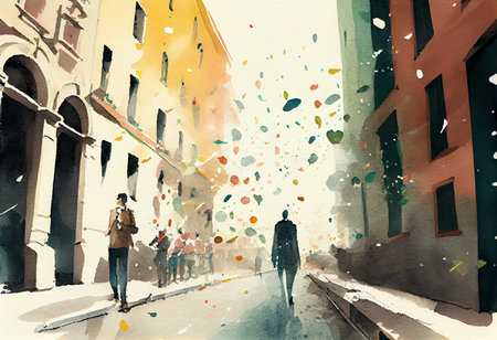 Digital watercolor painting of people walking on the street in the city.の素材