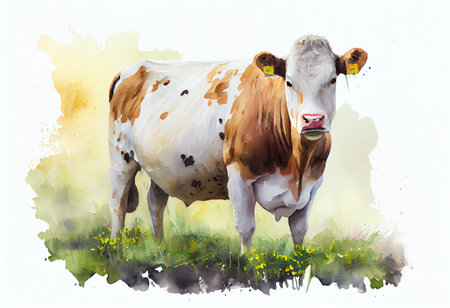 Watercolor illustration of a cow on a meadow with flowers.の素材