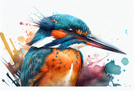 Watercolor illustration of a kingfisher on a watercolor backgroundの素材