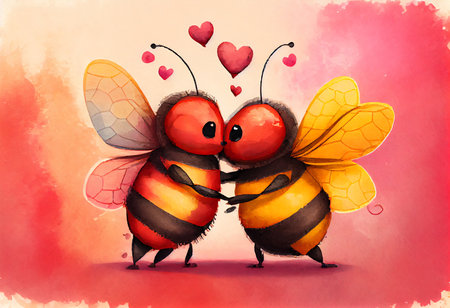 Watercolor illustration of two bees in love. Valentine's day.の素材