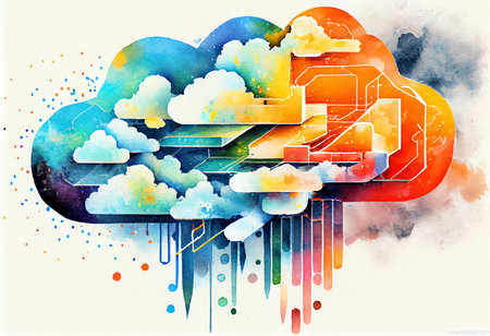 Cloud computing concept. Watercolor illustration of cloud computing with colorful background.の素材