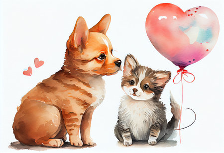 Cute dog and cat with heart-shaped balloon on white backgroundの素材