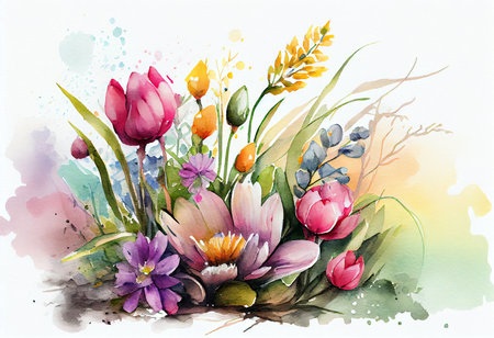 Watercolor spring bouquet with crocus, tulip, hydrangea and other flowersの素材
