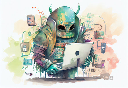 Green alien working on laptop computer. Digital watercolor painting illustration.の素材