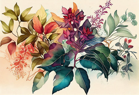 Watercolor painting of leaves and flowers. Hand-drawn illustration.の素材