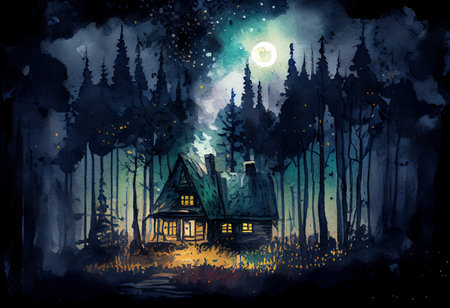Hand drawn illustration of a wooden house in the forest at night.の素材