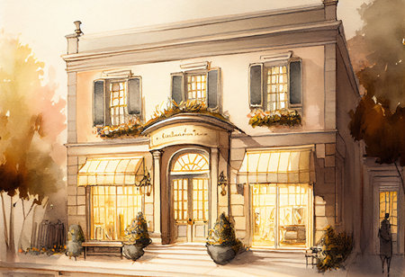 Watercolor drawing of a restaurant in the city center. Illustration on paper.の素材