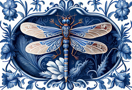 Illustration of a dragonfly on a blue background with floral ornamentの素材