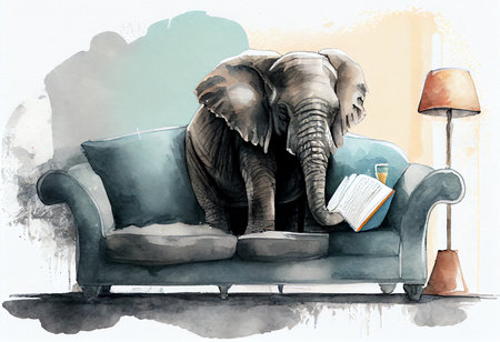 Watercolor illustration of an elephant sitting on a sofa and reading a bookの素材