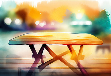 Wooden table in the park. Watercolor painting on canvas.の素材