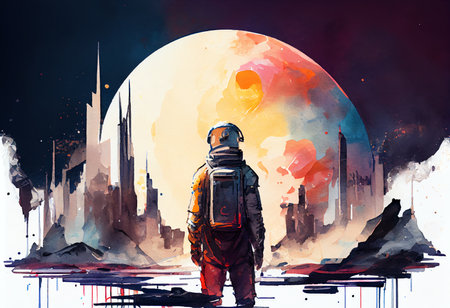 Sketch of a man in an astronaut suit against the background of the city.の素材