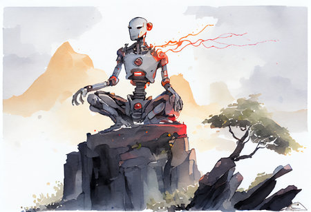 Digital watercolor illustration of a robot sitting on top of a rockの素材