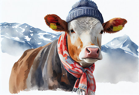 Watercolor portrait of a cow in a hat and scarf on the background of mountainsの素材
