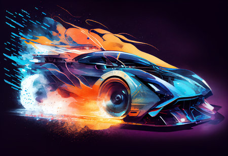 sport car on fire background,illustration in watercolor styleの素材