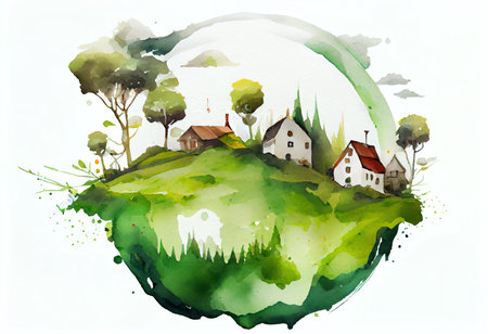Watercolor illustration of a village on the green grass. Vector image.の素材