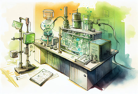 Illustration of a science laboratory with a microscope and test tubes.の素材