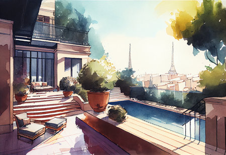 Watercolor illustration of a terrace with a view of the Eiffel Towerの素材