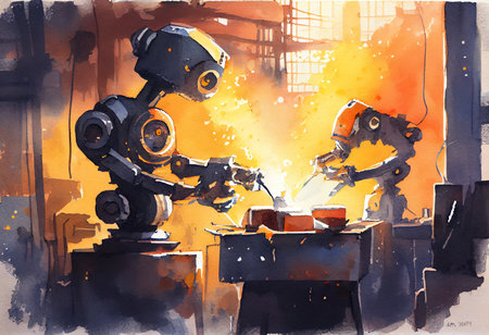 Illustration of a welding robot working in a metallurgical plantの素材