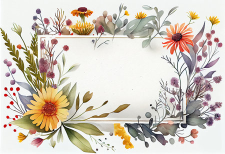 Watercolor floral frame with wildflowers. Hand drawn illustration.の素材