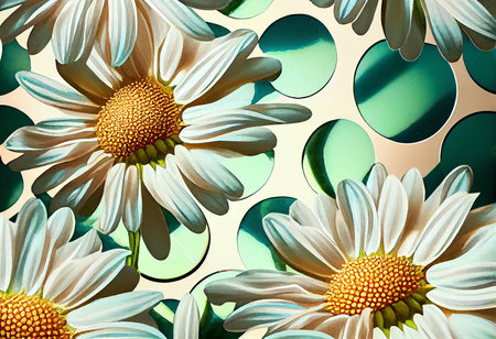 Camomile flowers and green circles. Floral background. 3d illustrationの素材