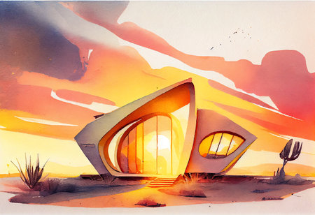 Hand drawn illustration of a beach house in the desert at sunset.の素材