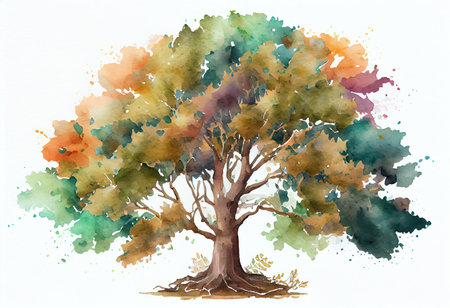 Watercolor tree on white background. Hand-drawn illustration with watercolor.の素材