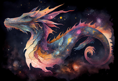 Colorful dragon on the background of cosmic space. Illustration.の素材