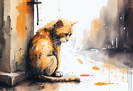 Watercolor painting of a cat sitting on the windowsill in the city.の素材