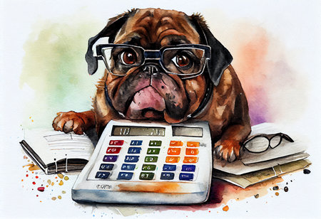 Funny dog with glasses, calculator and books. Watercolor illustration.の素材