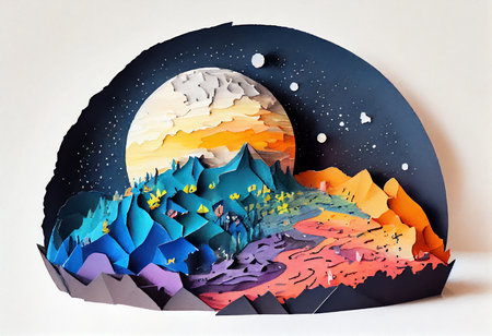 Colorful paper landscape with moon and stars. Origami style.の素材