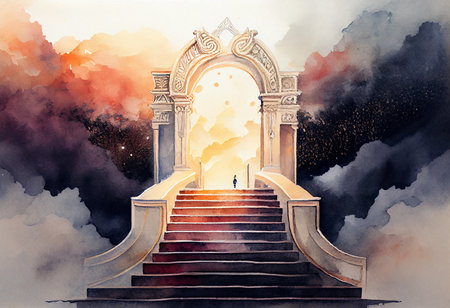 The entrance to the temple. The entrance to the temple. Watercolor painting.の素材