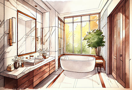 Sketch of a bathroom interior with a bathtub and a panoramic window.の素材