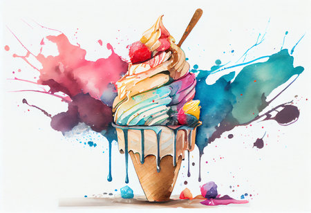 watercolor ice cream on a white background with splashes and dropsの素材