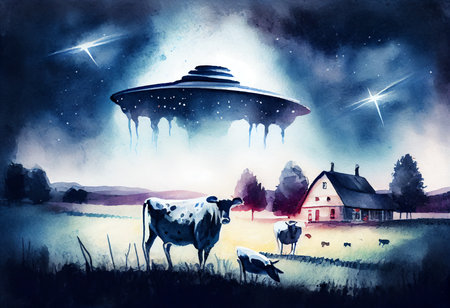 Illustration of a cow and a flying saucer in the skyの素材