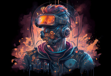 Digital illustration of a man in a gas mask on a grunge backgroundの素材