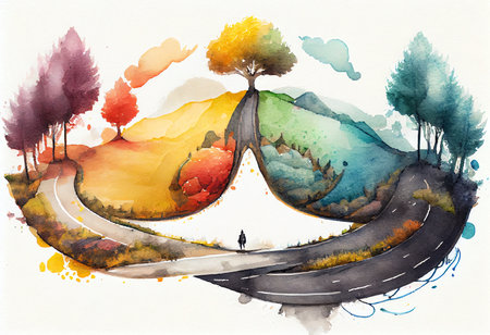 Autumn landscape with road and trees, watercolor hand drawn illustrationの素材