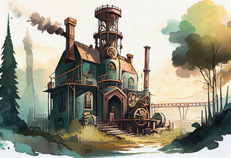A watercolor illustration of an old factory building in the countryside.の素材