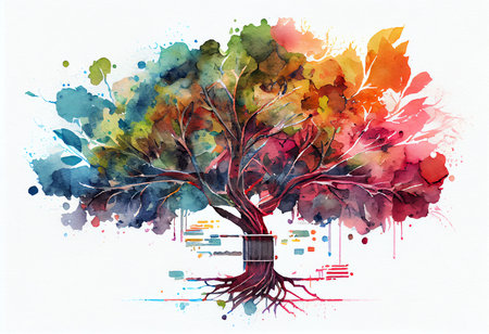 Watercolor tree with watercolor splashes. Hand drawn illustration.の素材