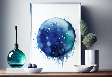 Modern interior design with blue watercolor paint splashes on white poster. 3D Renderingの素材