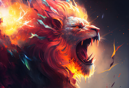 Lion head in fire. Colorful illustration. Digital painting.の素材