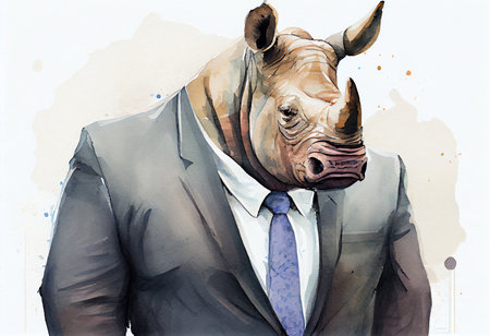 Watercolor illustration of a businessman with rhinoceros head.の素材
