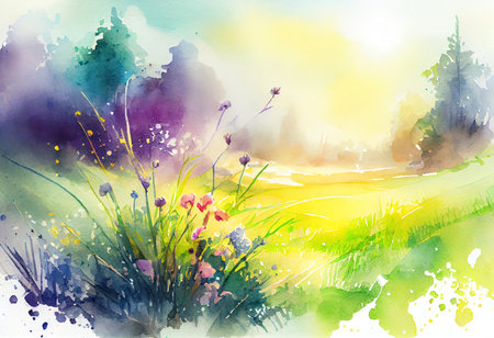 Watercolor summer landscape with grass and flowers. Hand painted illustration.の素材