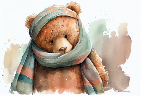 Teddy bear with bandage on his head. Watercolor illustration.の素材