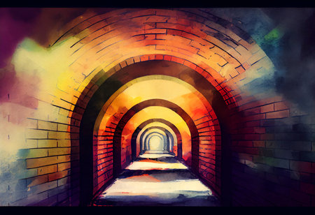 Digital painting of a tunnel in the middle of the brick wall.の素材