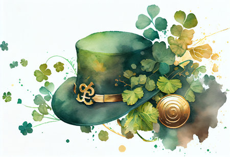 Watercolor illustration of leprechaun hat with clover leavesの素材