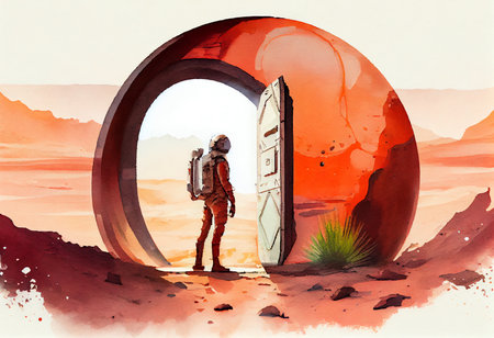 Illustration of an astronaut at the entrance to the unknown world.の素材